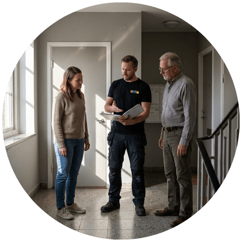 Medarbetare från Renew Service går igenom en badrumsrenovering med en boende och en styrelseledamot