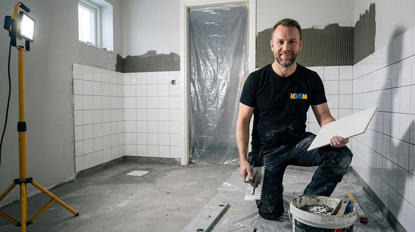 Hantverkare från Renew Service sätter kakel under en badrumsrenovering i Stockholm