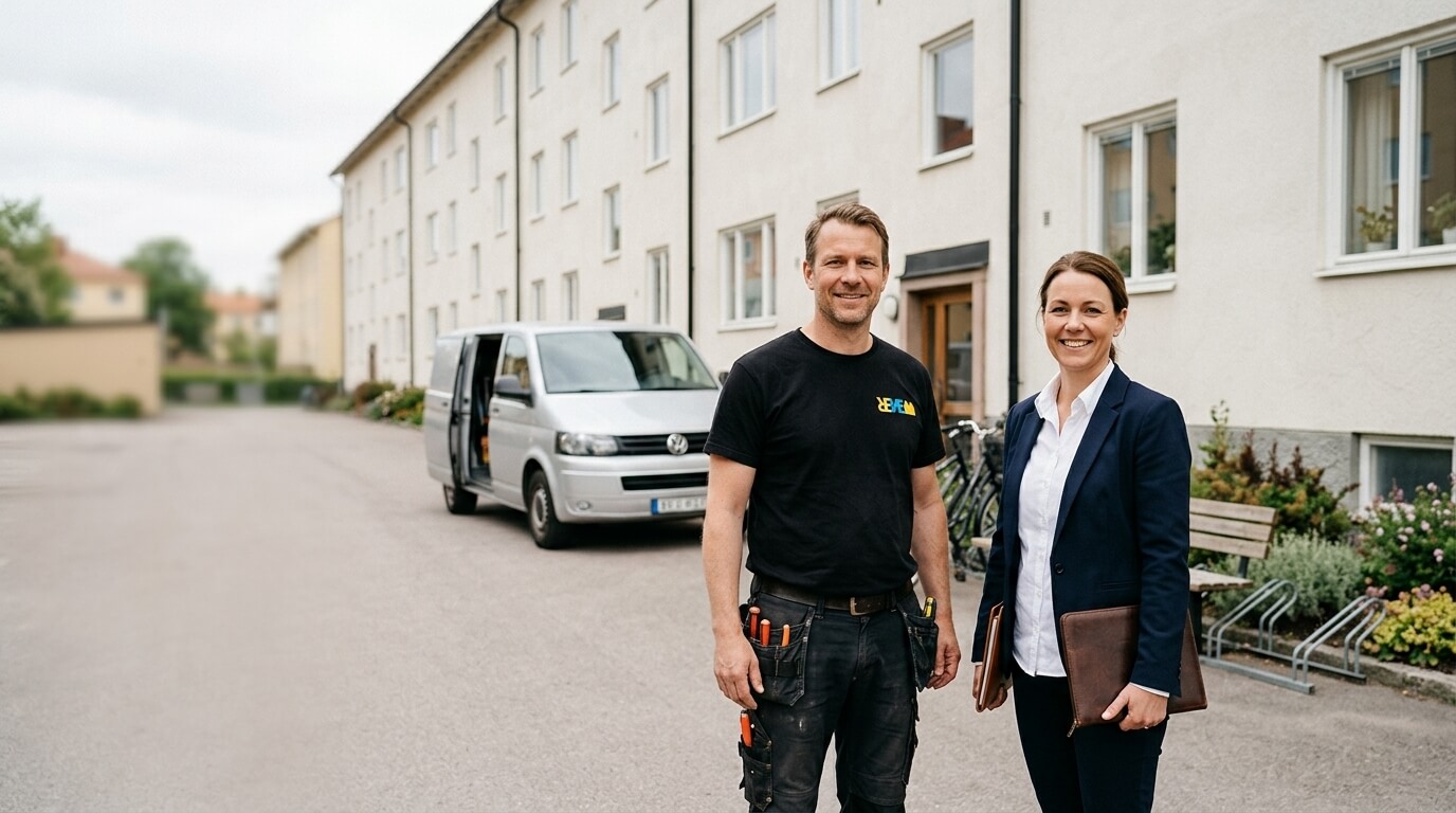 Förvaltare och fastighetstekniker från Renew Service utanför en bostadsrättsförening i Stockholm