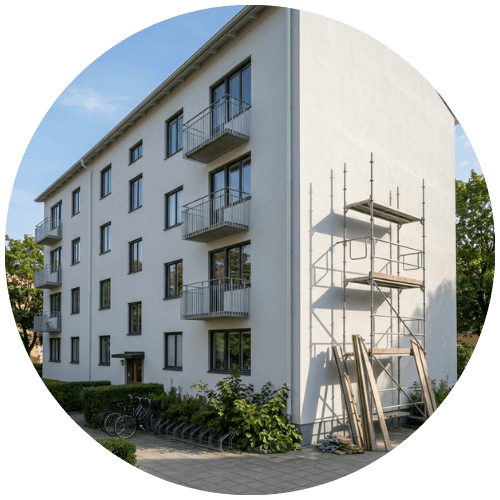 Nymålad fasad på ett flerbostadshus efter fasadrenovering