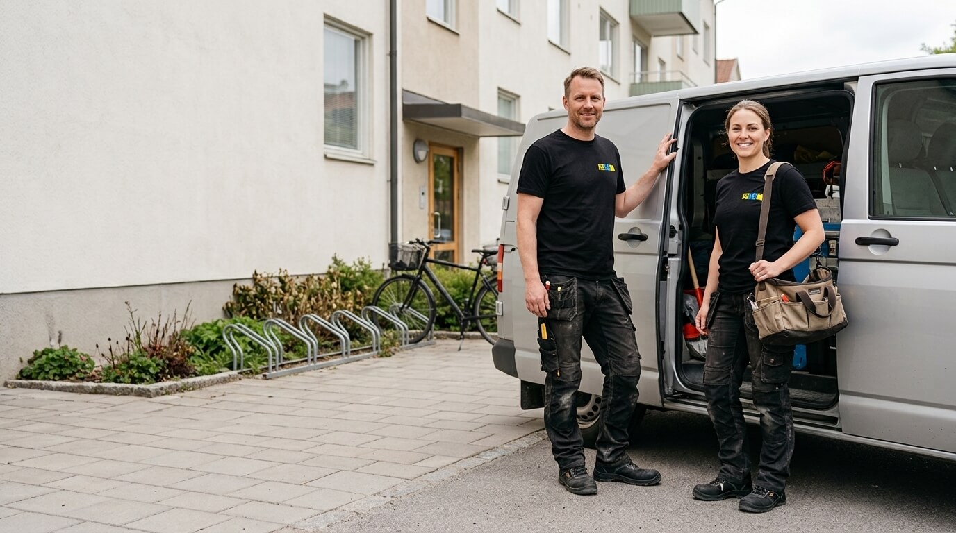 Fastighetsskötare från Renew Service vid servicebilen utanför ett flerbostadshus i norra Stockholm