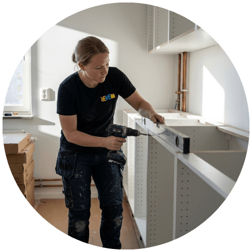 Snickare från Renew Service monterar köksstommar under en köksrenovering i Stockholm