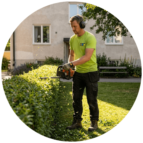 Trädgårdsskötare från Renew Service klipper häck på en bostadsrättsförenings gård